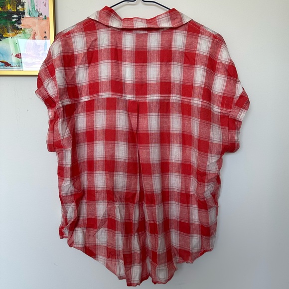 NEW Sanctuary Plaid Linen Blend Short Sleeve Cinched Waist Button Down - Picture 2 of 6